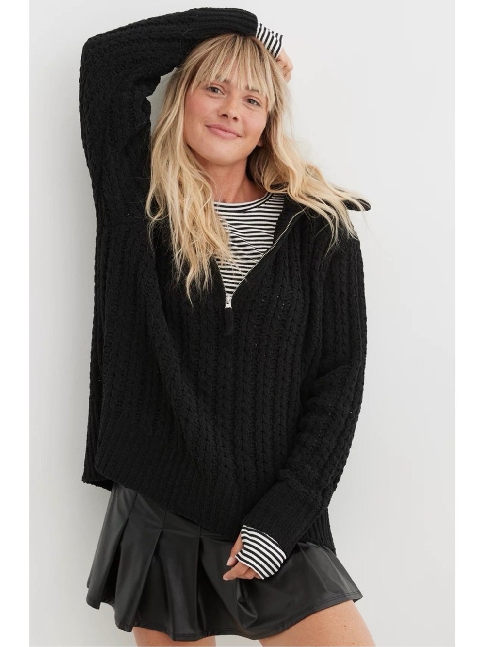 Aerie Black Cable-Knit Chunky Quarter-Zip Cozy Sweater Size XXS/S